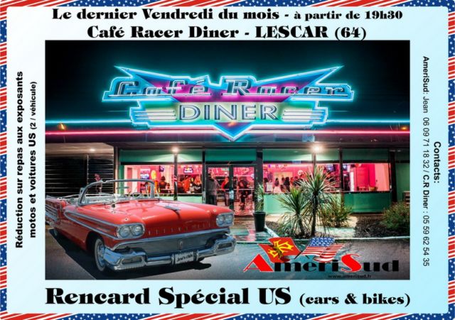 Mensuel US motos autos LESCAR dernier vendredi soir au Café Racer Diner sauf décembre janvier février Agenda événements auto moto Daniela DAUDE artiste Mobilier avec pièces auto