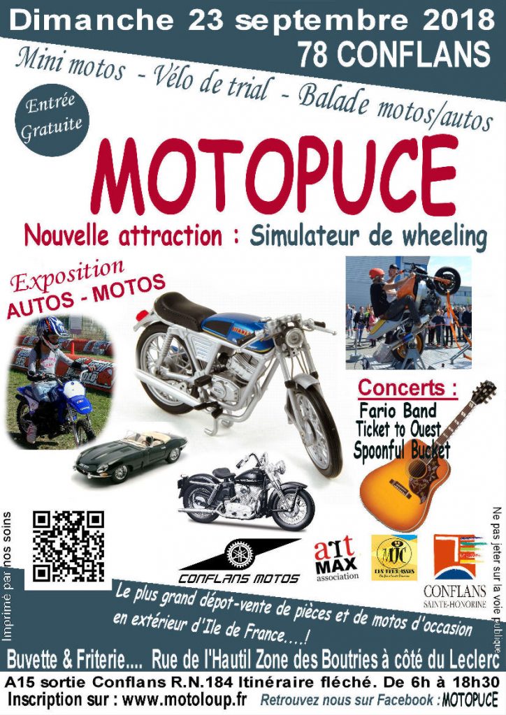 Motopuce Conflans-Saint-Honorine est la plus grande bourse extérieur de la région parisienne, concert, buvette, restauration - Agenda d'événements auto moto de Daniela DAUDE artiste, mobilier avec pièces auto